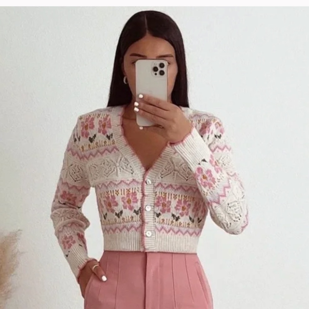 Zara Blogger Fave Floral Jacquard Knit Cropped Cardigan Small - Picture 2 of 14